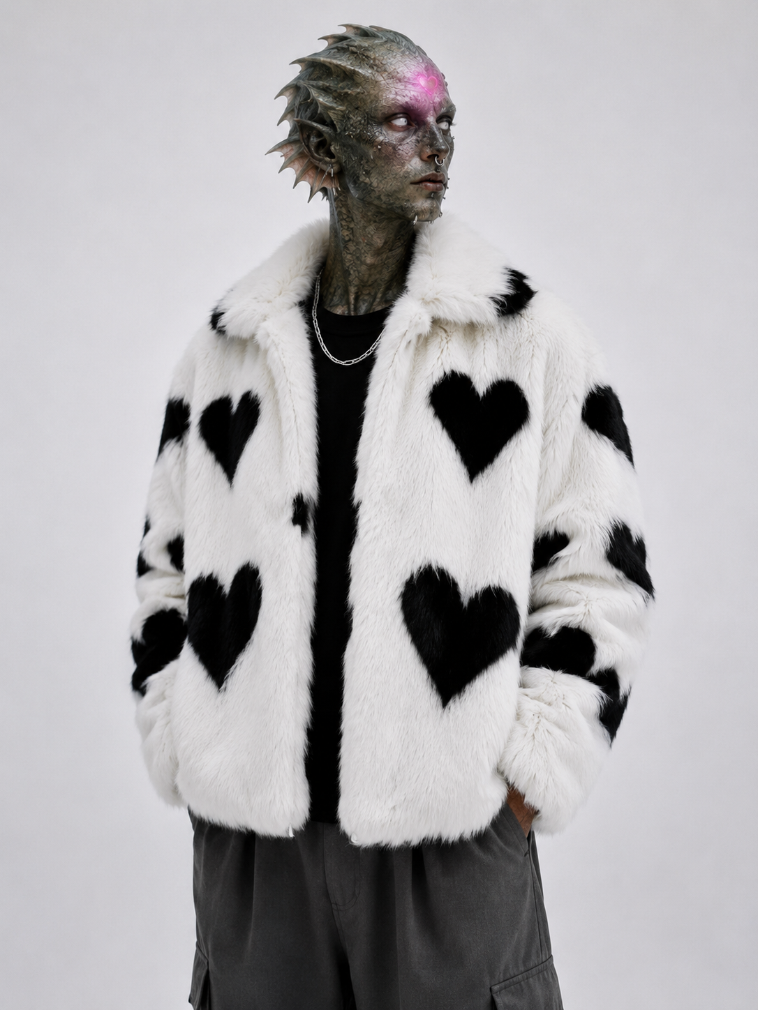 White Heart Faux Fur Coat