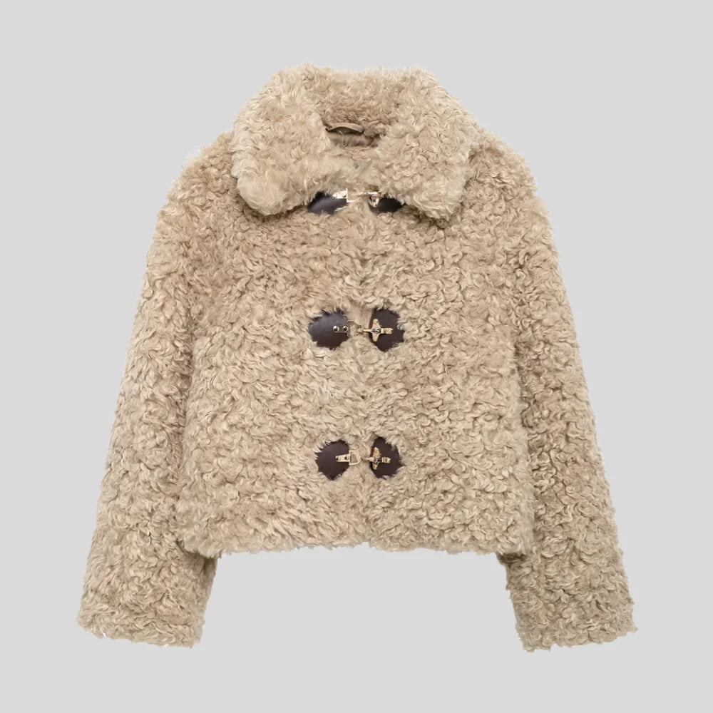 JO Elegant Short Fur Coat with Buckle