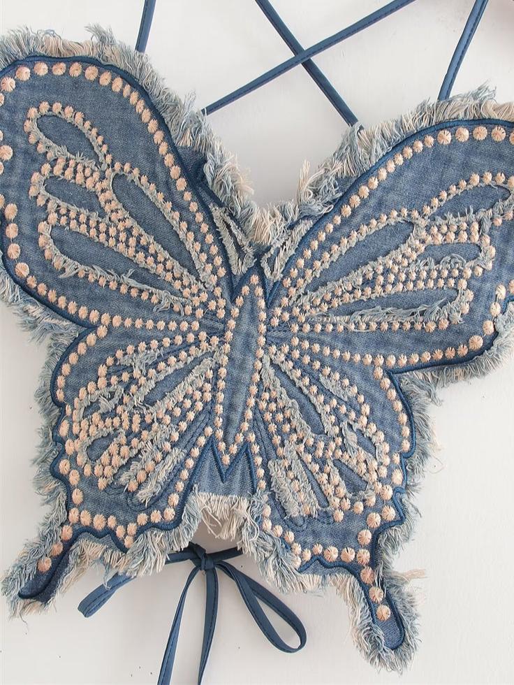 Butterfly Studded Denim Tank - festival fashion | Nomadic Enigma